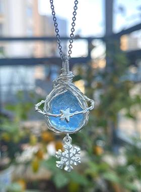 天然原石水晶海蓝宝纯手工项链