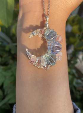 天然水晶原石+琉璃项链手工绕线吊坠女锁骨链天湖逸韵毛衣链