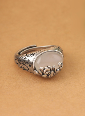 新款中式复古做旧莲花戒指女小众设计中国民族风食指开口指环首饰