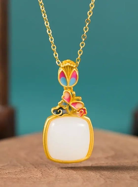 原创复古珐琅彩蝴蝶吊坠和田玉方形白玉锁骨链时尚简约小众饰品