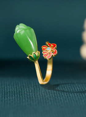 925银中国风珐琅彩和田玉兰花开口戒指女古风古法金花型旗袍饰品