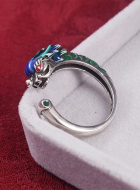 国潮龙凤凰戒指烧蓝活口可调节个性食指指环情侣款一对中国风饰品