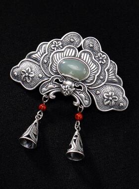 复古风银镶流苏牡丹花南红玛瑙