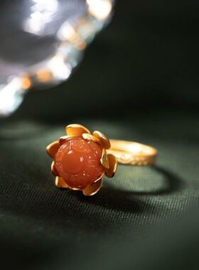 【红莲子】古法复古石莲花开口戒指女士指环南红女士指环戒指