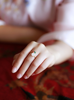 925银镶和田玉复古法金风开口翡翠戒指女旗袍配饰新年款红喜庆