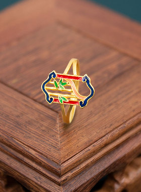 时尚轻奢原创小众设计珐琅彩竹节树叶925银开口戒指古法金指环饰