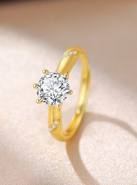 外贸饰品14K金色仿莫桑石经典浪漫求婚订婚婚戒奢华爆闪高级戒指