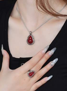 红色葫芦戒指女款新中式复古做旧唐草纹开口戒食指指环古风饰品