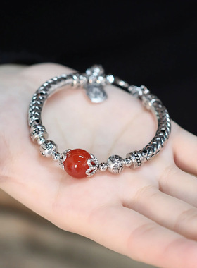 铜钱圆珠麦穗半镯手链女新中式复古做旧福字手镯中国风高级感手饰