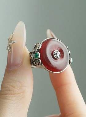 复古做旧如意平安扣戒指女镶嵌红玛瑙新中式国风开口指环古风饰品