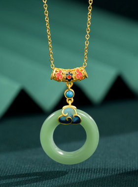 925银祥云吉祥平安扣和田玉碧玉挂坠珐琅吊坠金镶玉锁骨项链女