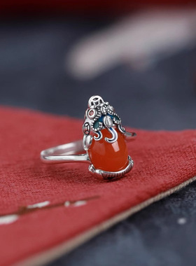 复古做旧浮雕招财貔貅铜钱戒指女新中式国风烧蓝开口指环高级感