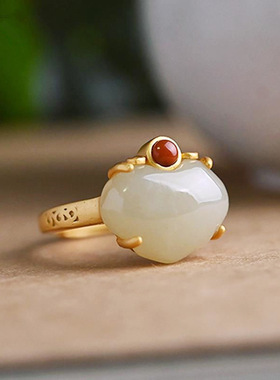 故宫和田玉如意戒指女古法镀金开口复古国风宫廷民族风指环饰品