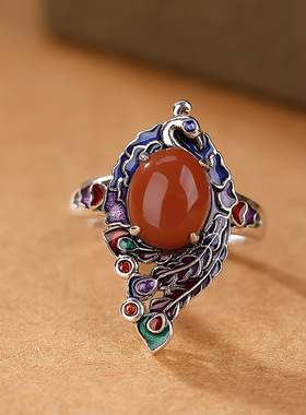 中式925银复古凤凰开口戒指女南红气质烧蓝个性食指指环国风饰品