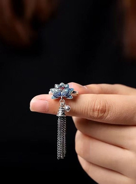 复古蓝莲花流苏戒指女款国潮民族风烧蓝925银开口指环文艺饰品