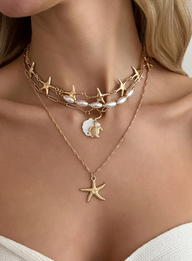 欧美精品饰品 波西米亚度假海星海龟吊坠项链 珍珠多层叠戴锁骨链
