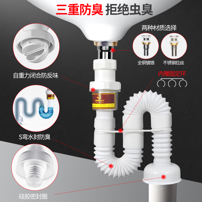 潜水艇下水管洗脸盆洗手池面盆防臭下水管台盆加长排水落水软管器-图1