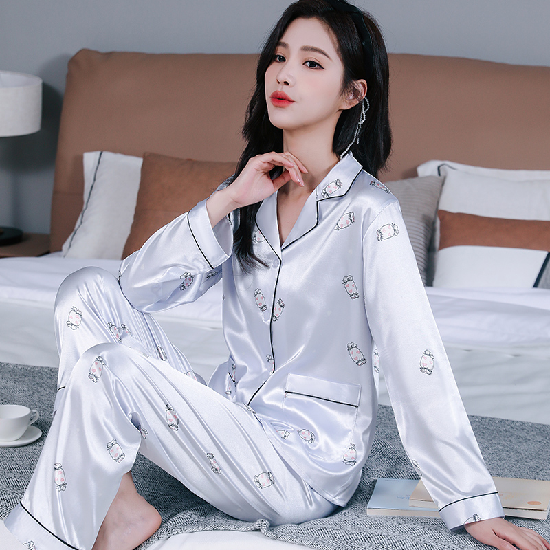 睡衣女丝绸舒适开衫长袖家居服套装轻盈薄款冰丝春夏季裤女套装女