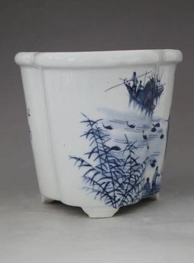 景德镇陶瓷器青花江南水乡梅花型花盆山水人家风景图花盆家居摆件