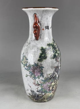 大清乾隆年制粉彩花鸟富贵图双耳瓶十八鹤花瓶仿古摆件