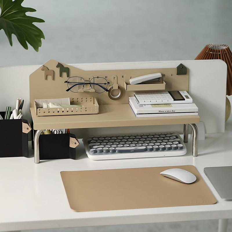 多功能奶茶色洞洞板收纳架 铁艺置物架 桌面增高架轻奢创意文具架 - 图0