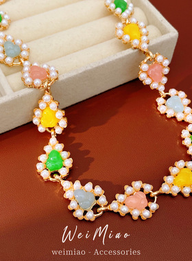 中古vintage彩色珍珠项链轻奢小众锁骨链宫廷风精致气质项饰