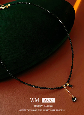 镶钻黑色水晶串珠项链复古民族风小众锁骨链百搭感气质项饰女