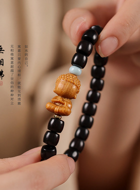 油润细腻黑檀精工直切桶珠DIY搭配檀香本命守护文殊菩萨大气手串