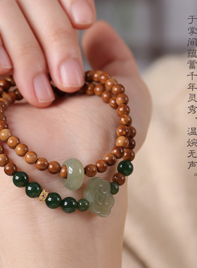 库克菩提度母手持佛珠老山檀和田玉新中式多圈手链文玩货源款