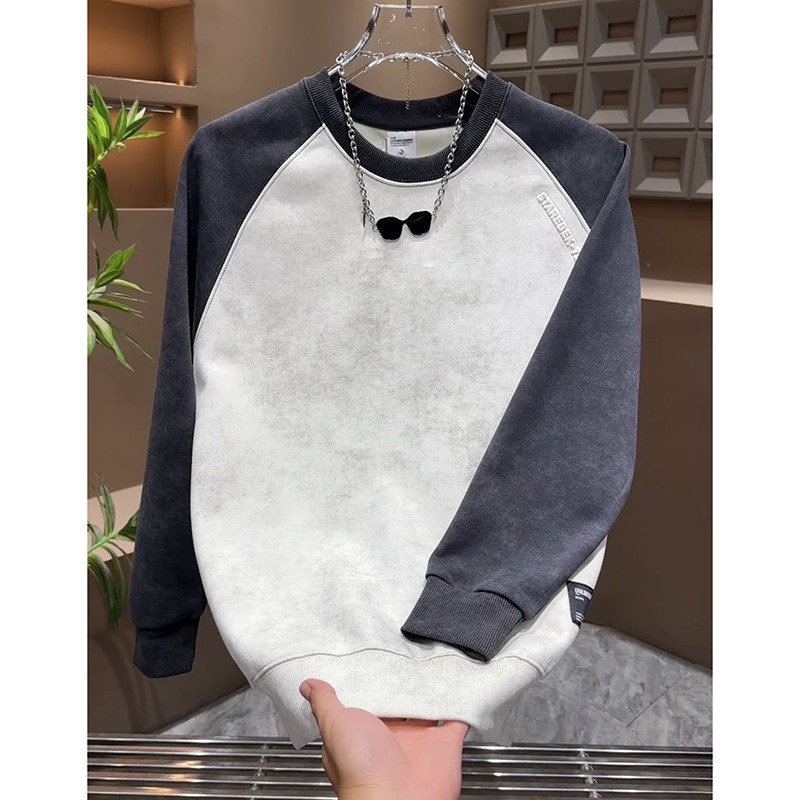 拼色高级感秋冬时尚百搭休闲圆领长袖打底衫轻奢男装扎染气质卫衣,淘宝优惠券,粉丝福利购,淘宝优惠卷