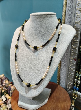 琛贝天然淡水珍珠黑玛瑙银曜石原创设计多用链毛衣链24k镀金保色