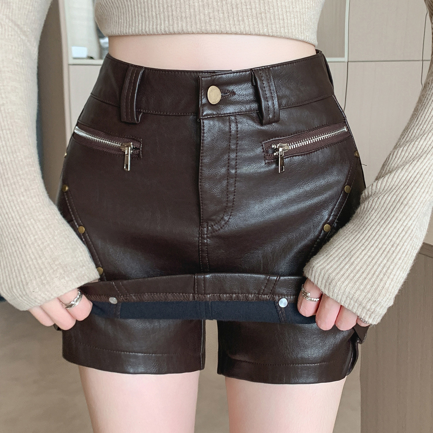 PU皮短裙裤女高温洗水美式复古辣妹风靴裤铆钉高腰显瘦包臀裙裤子,淘宝优惠券,粉丝福利购,淘宝优惠卷