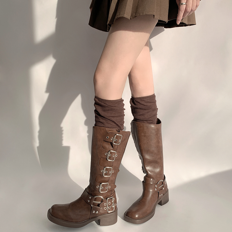 夜间教习室长筒袜女春秋款过膝拼接袜子咖色堆堆袜美拉德jk小腿袜 - 图1