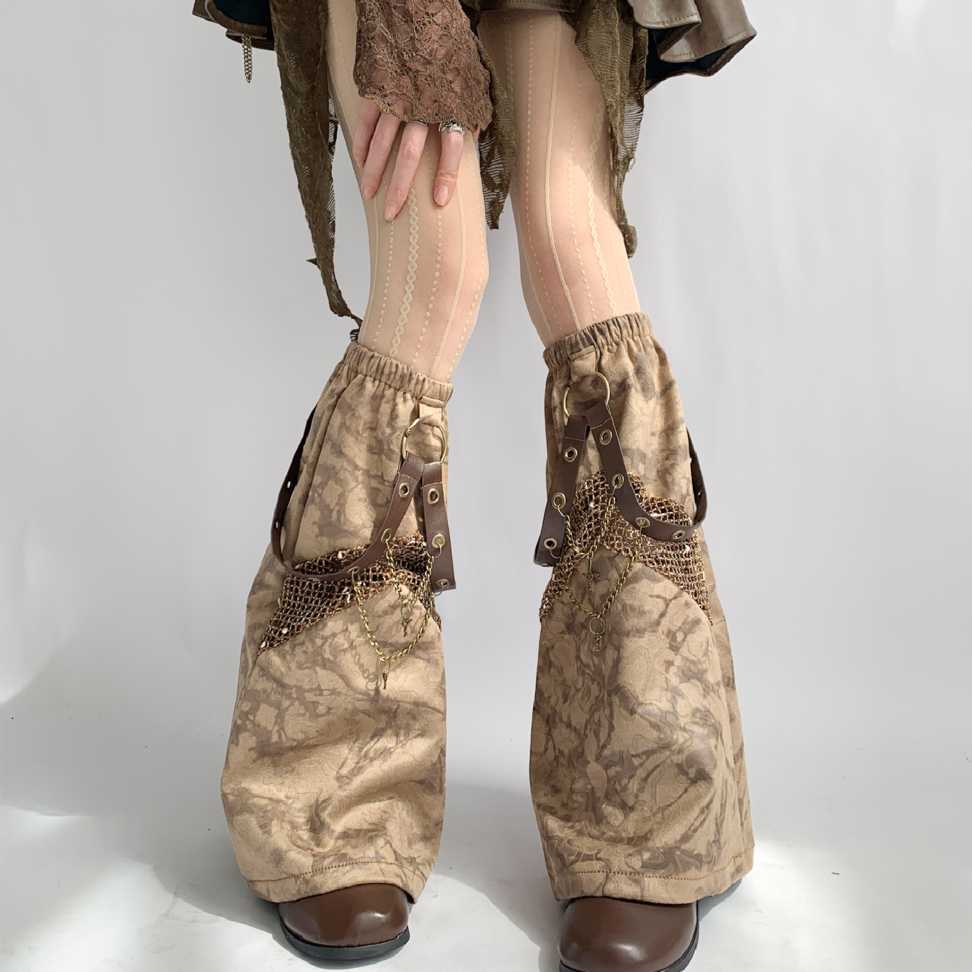 夜间教习室废土风袜套棕色夏季薄款喇叭型个性复古腿套Y2K亚文化 - 图2