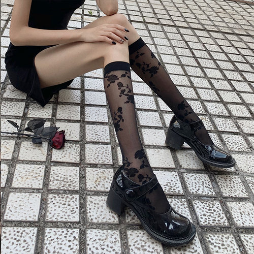 夜间教习室黑色玫瑰花丝袜女春秋jk小腿袜黑丝蕾丝性感袜子中筒袜 - 图1