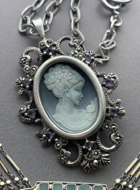 欧洲古董维多利亚时期卡梅奥项链胸针紫水晶马克赛石镶嵌，链长57