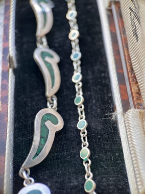 古董珠宝马耳他纯银镶嵌孔雀石手链，两种不同风格单戴叠戴很出片