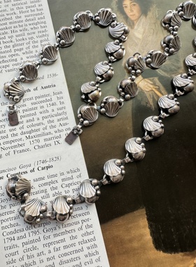 欧洲古董，丹麦老银贝壳含珠绝版银项链套装，链长41cm手链长20cm