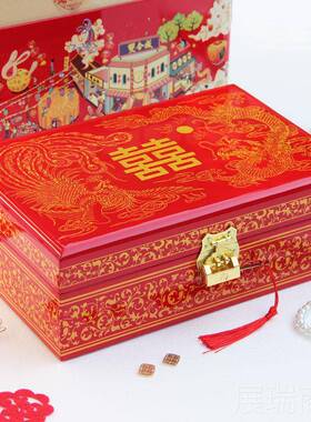 高档妆结婚三金聘礼盒提首饰盒木质梳盒中式器漆结婚10万亲礼金拜