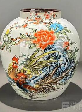 高档古玩清代光绪釉年制粉彩花瓶豆坛青紫边茶叶罐家居彷装饰品收