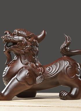 高档黑檀厅木雕皮丘貔貅摆件一对木雕刻红木皮实丘客家居装饰工礼