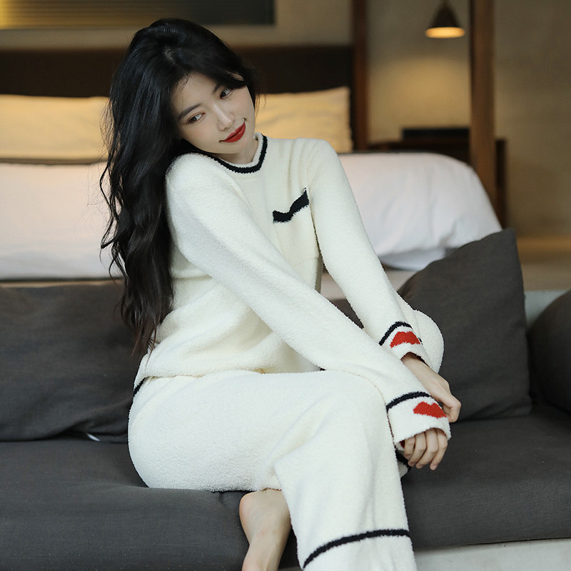 爱心珊瑚绒长袖可爱可外穿睡衣 耶臣睡衣/家居服套装