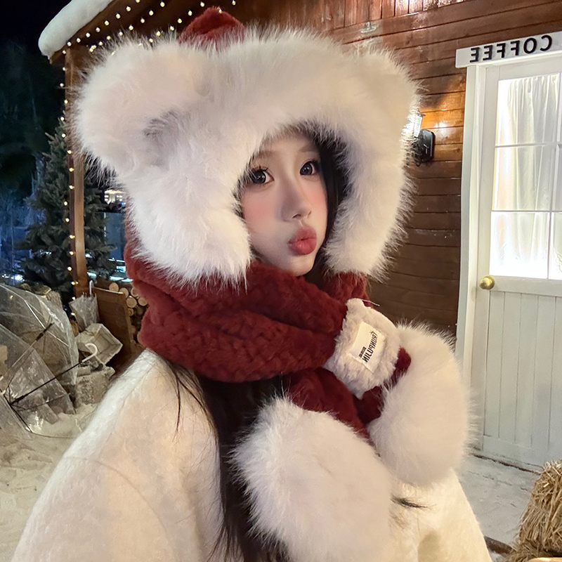 东北哈尔滨雪乡旅游防寒装备女围巾一体帽子秋冬季保暖可爱冬天帽