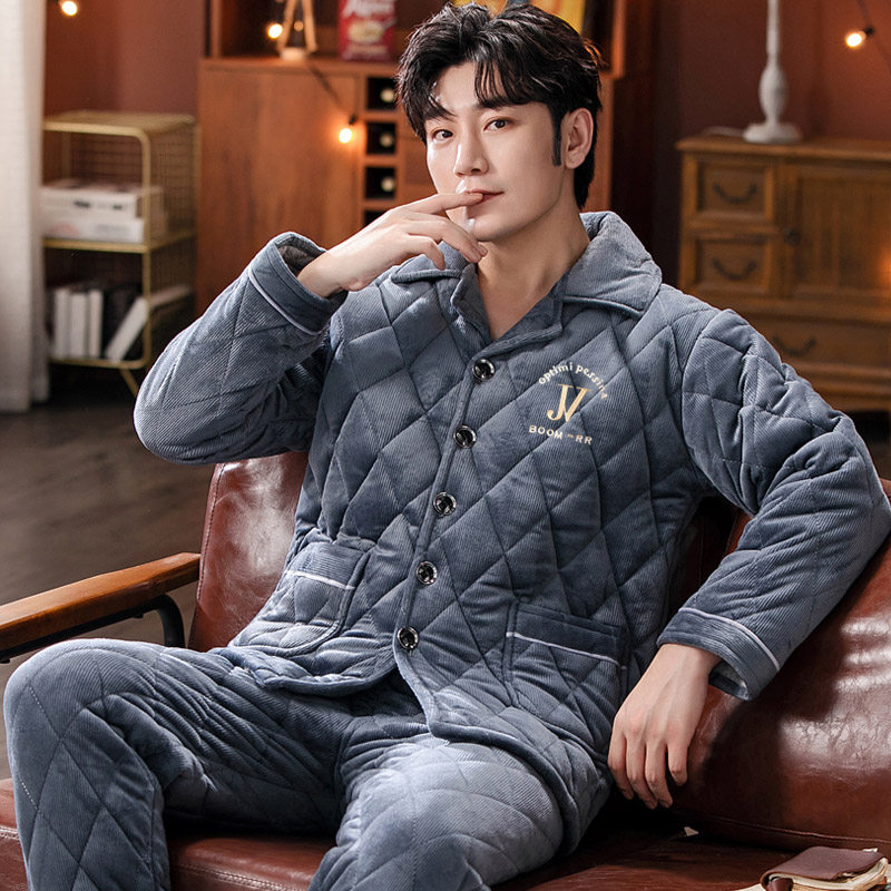 男士冬季珊瑚绒加绒三层夹棉睡衣 淘之约睡衣/家居服套装