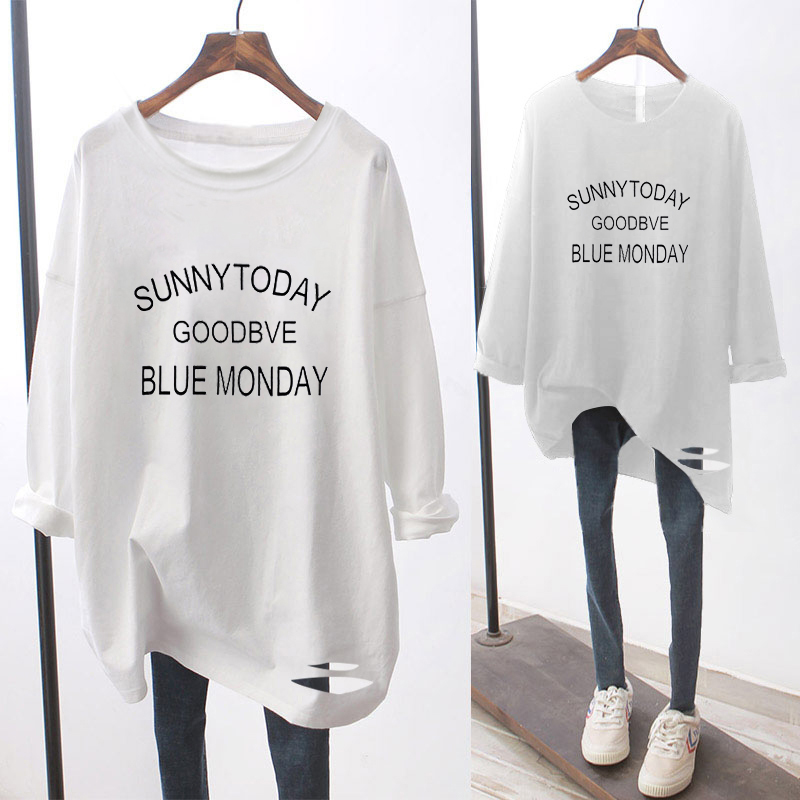 百搭宽松中长款白色内搭长袖打底衫 韩简娜T恤