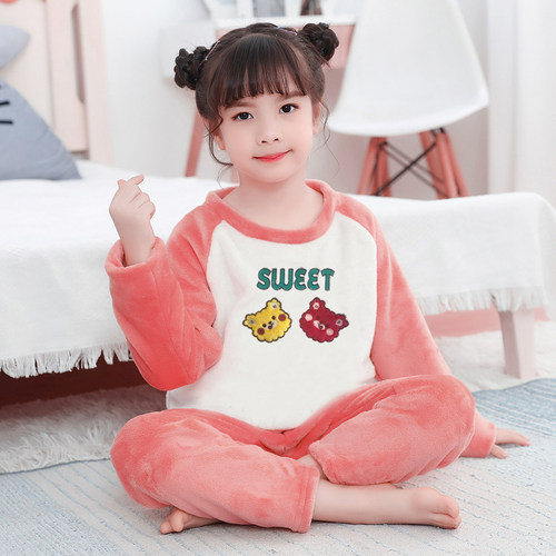 童装儿童睡衣法兰绒男童秋冬季厚款宝宝女童小孩家居服珊瑚绒套装 - 图0