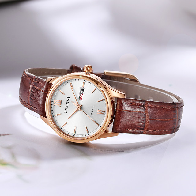 罗西尼手表女正品石英商务简约皮带表防水双历白色女士手表718574