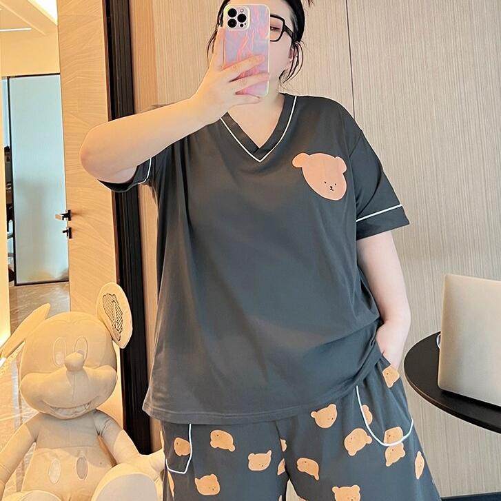 胖mm特大码300斤宽松卡通印花V领慵懒风套装短袖短裤睡衣家居服女,淘宝优惠券,粉丝福利购,淘宝优惠卷