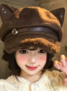 秋冬复古猫耳加绒显脸小贝雷帽