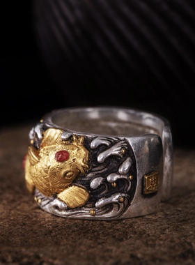 锦鲤纯手工雕刻原创银饰戒指